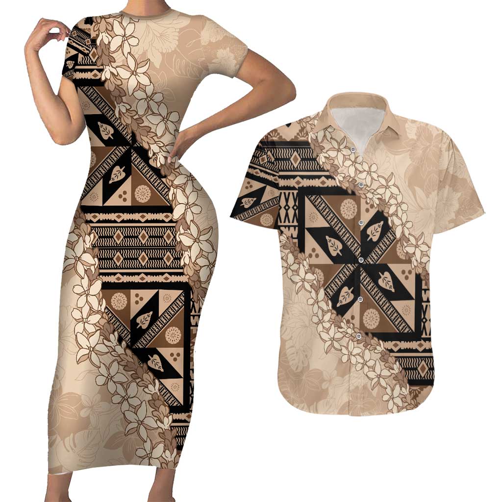 Bula Fiji Plumeria Tagimoucia Salusalu Beige Couples Matching Short Sleeve Bodycon Dress and Hawaiian Shirt Kaiviti Masi - Polynesian Pride