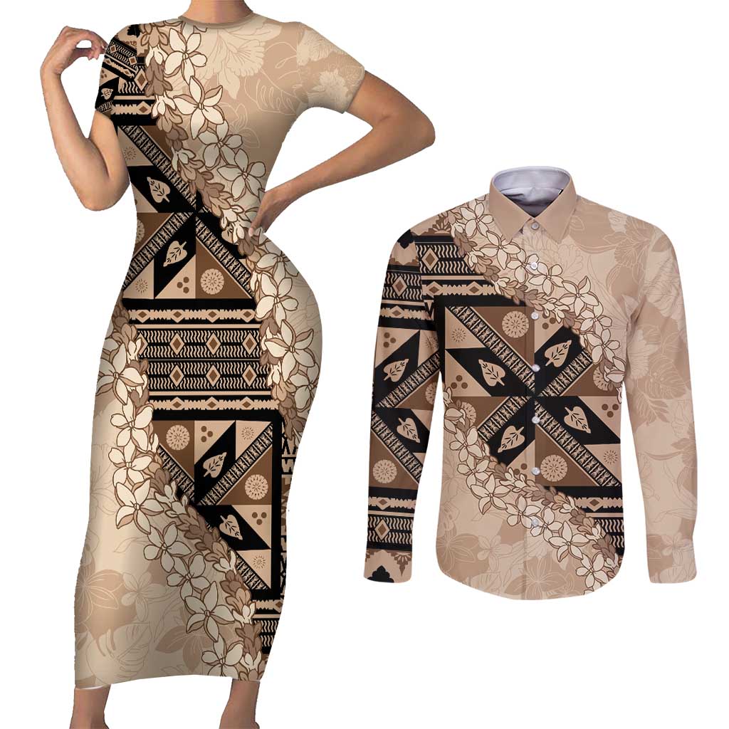 Bula Fiji Plumeria Tagimoucia Salusalu Beige Couples Matching Short Sleeve Bodycon Dress and Long Sleeve Button Shirt Kaiviti Masi - Polynesian Pride