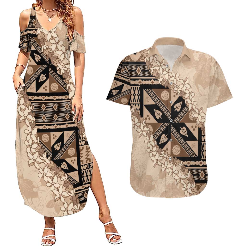 Bula Fiji Plumeria Tagimoucia Salusalu Beige Couples Matching Summer Maxi Dress and Hawaiian Shirt Kaiviti Masi - Polynesian Pride