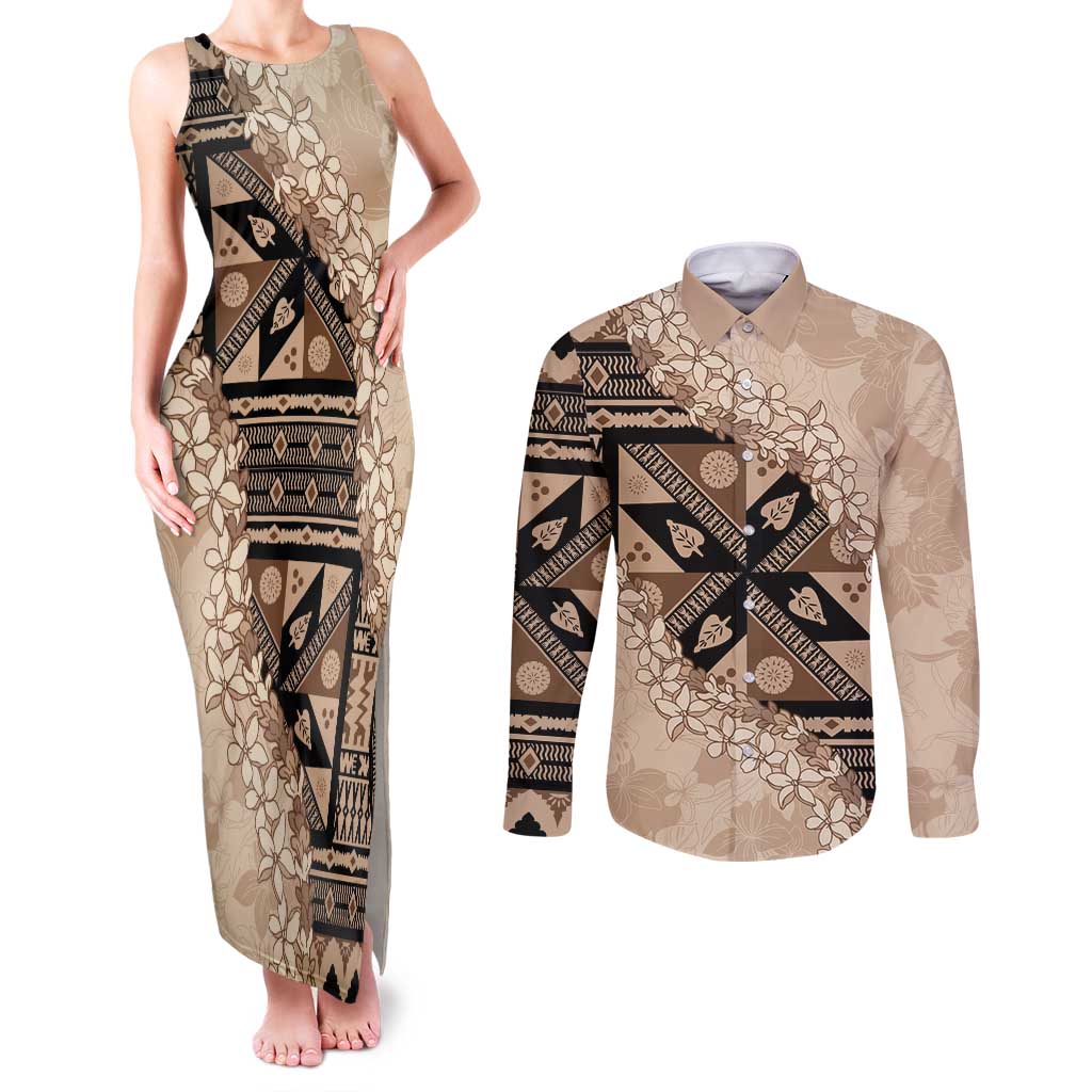Bula Fiji Plumeria Tagimoucia Salusalu Beige Couples Matching Tank Maxi Dress and Long Sleeve Button Shirt Kaiviti Masi - Polynesian Pride
