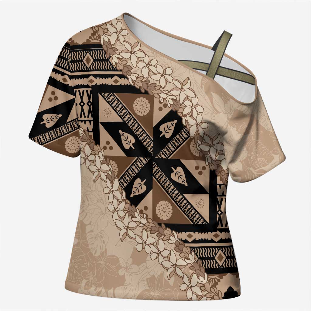 Bula Fiji Plumeria Tagimoucia Salusalu Beige Cross Shoulder Shirt Kaiviti Masi - Polynesian Pride