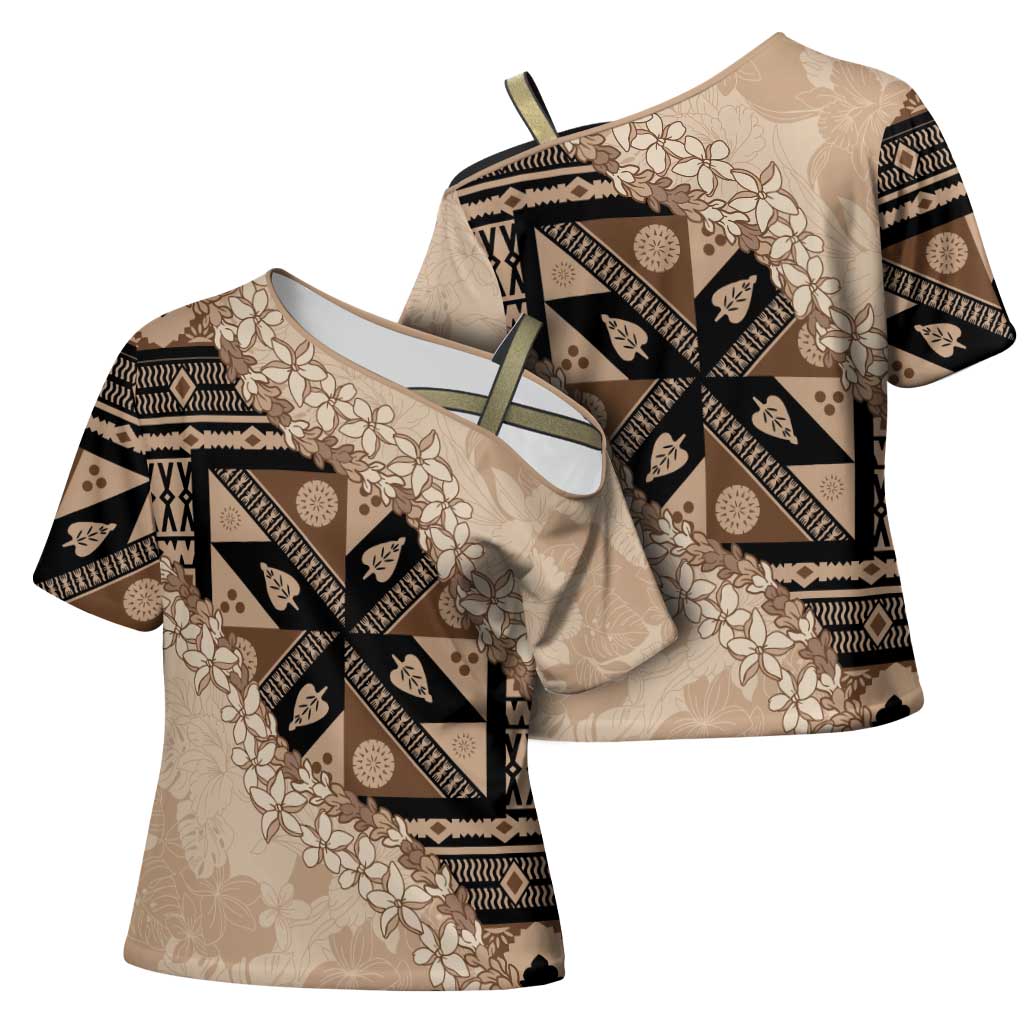 Bula Fiji Plumeria Tagimoucia Salusalu Beige Cross Shoulder Shirt Kaiviti Masi - Polynesian Pride