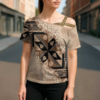 Bula Fiji Plumeria Tagimoucia Salusalu Beige Cross Shoulder Shirt Kaiviti Masi - Polynesian Pride