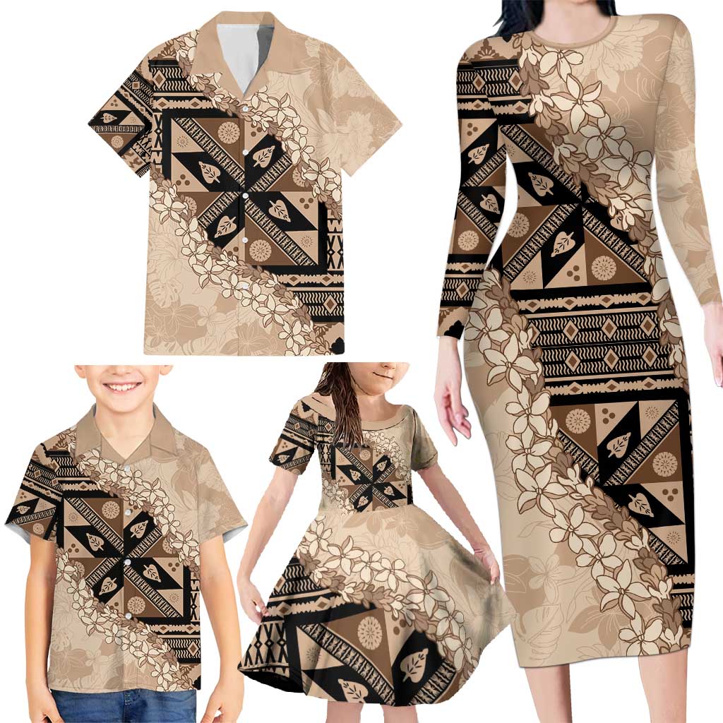 Bula Fiji Plumeria Tagimoucia Salusalu Beige Family Matching Long Sleeve Bodycon Dress and Hawaiian Shirt Kaiviti Masi - Polynesian Pride