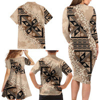 Bula Fiji Plumeria Tagimoucia Salusalu Beige Family Matching Long Sleeve Bodycon Dress and Hawaiian Shirt Kaiviti Masi - Polynesian Pride