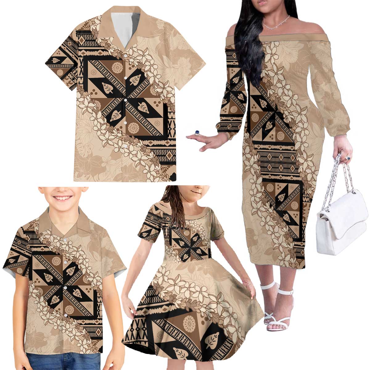 Bula Fiji Plumeria Tagimoucia Salusalu Beige Family Matching Off The Shoulder Long Sleeve Dress and Hawaiian Shirt Kaiviti Masi - Polynesian Pride