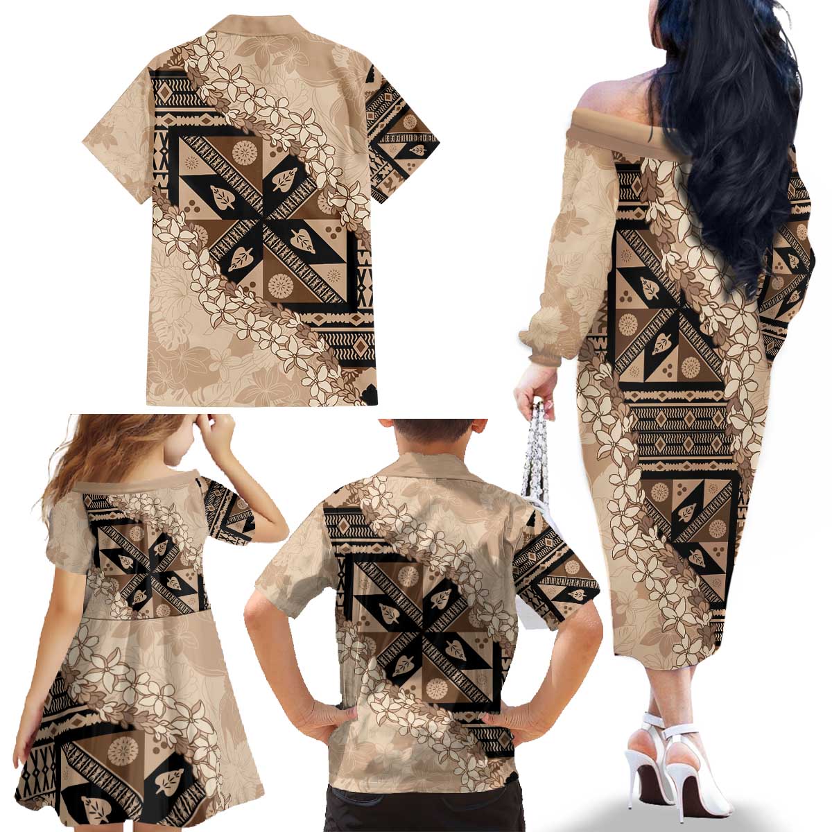 Bula Fiji Plumeria Tagimoucia Salusalu Beige Family Matching Off The Shoulder Long Sleeve Dress and Hawaiian Shirt Kaiviti Masi - Polynesian Pride