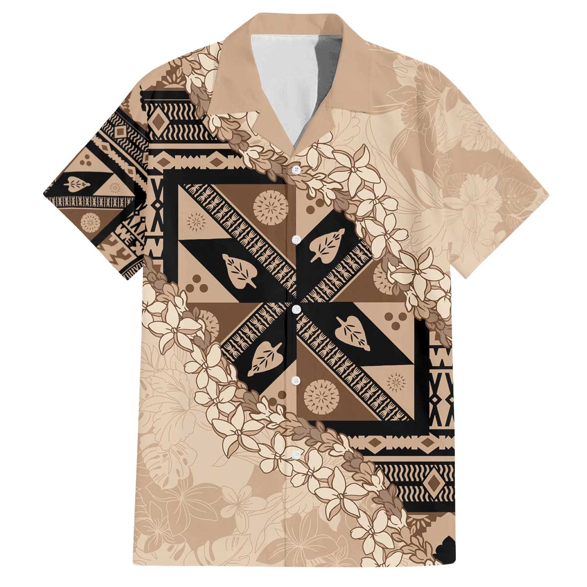 Bula Fiji Plumeria Tagimoucia Salusalu Beige Family Matching Off The Shoulder Long Sleeve Dress and Hawaiian Shirt Kaiviti Masi - Polynesian Pride