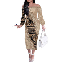 Bula Fiji Plumeria Tagimoucia Salusalu Beige Family Matching Off The Shoulder Long Sleeve Dress and Hawaiian Shirt Kaiviti Masi - Polynesian Pride