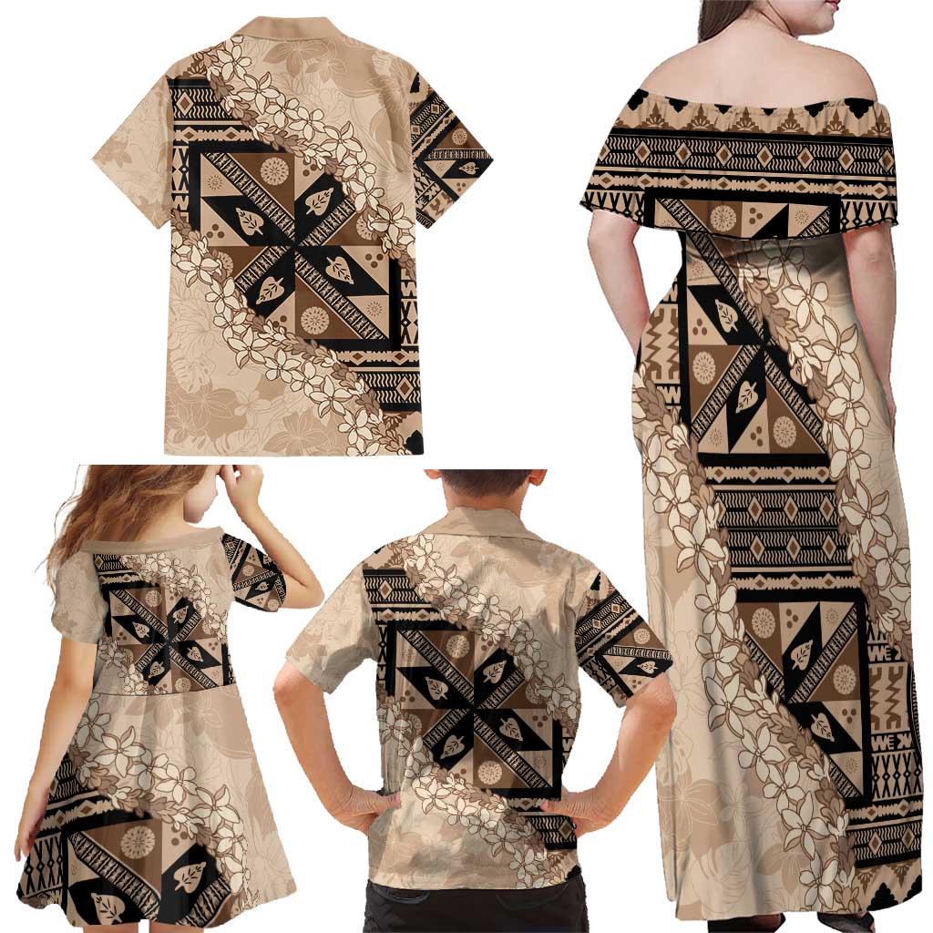 Bula Fiji Plumeria Tagimoucia Salusalu Beige Family Matching Off Shoulder Maxi Dress and Hawaiian Shirt Kaiviti Masi - Polynesian Pride
