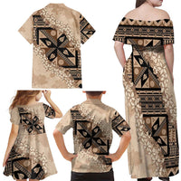 Bula Fiji Plumeria Tagimoucia Salusalu Beige Family Matching Off Shoulder Maxi Dress and Hawaiian Shirt Kaiviti Masi - Polynesian Pride