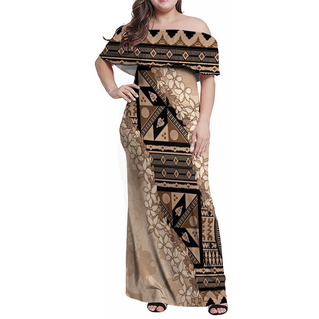 Bula Fiji Plumeria Tagimoucia Salusalu Beige Family Matching Off Shoulder Maxi Dress and Hawaiian Shirt Kaiviti Masi - Polynesian Pride