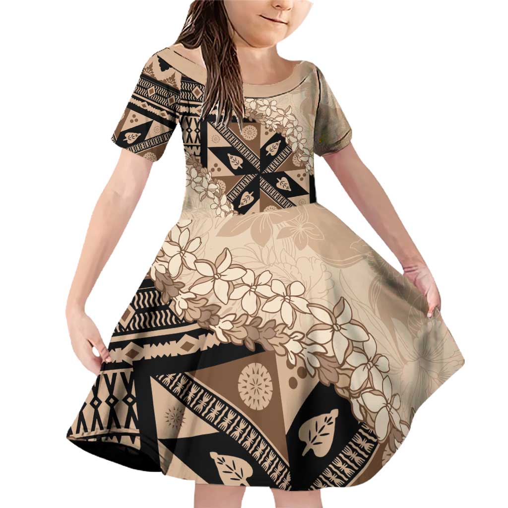 Bula Fiji Plumeria Tagimoucia Salusalu Beige Family Matching Off Shoulder Short Dress and Hawaiian Shirt Kaiviti Masi - Polynesian Pride