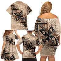Bula Fiji Plumeria Tagimoucia Salusalu Beige Family Matching Off Shoulder Short Dress and Hawaiian Shirt Kaiviti Masi - Polynesian Pride