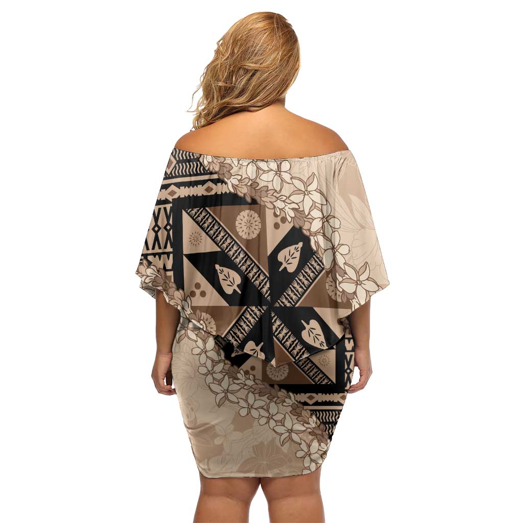 Bula Fiji Plumeria Tagimoucia Salusalu Beige Family Matching Off Shoulder Short Dress and Hawaiian Shirt Kaiviti Masi - Polynesian Pride