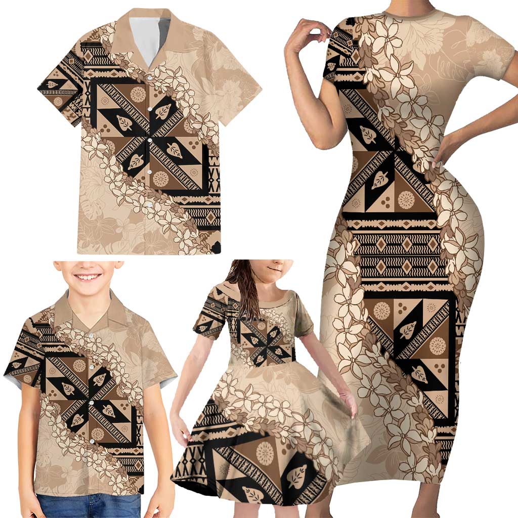 Bula Fiji Plumeria Tagimoucia Salusalu Beige Family Matching Short Sleeve Bodycon Dress and Hawaiian Shirt Kaiviti Masi - Polynesian Pride