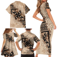 Bula Fiji Plumeria Tagimoucia Salusalu Beige Family Matching Short Sleeve Bodycon Dress and Hawaiian Shirt Kaiviti Masi - Polynesian Pride