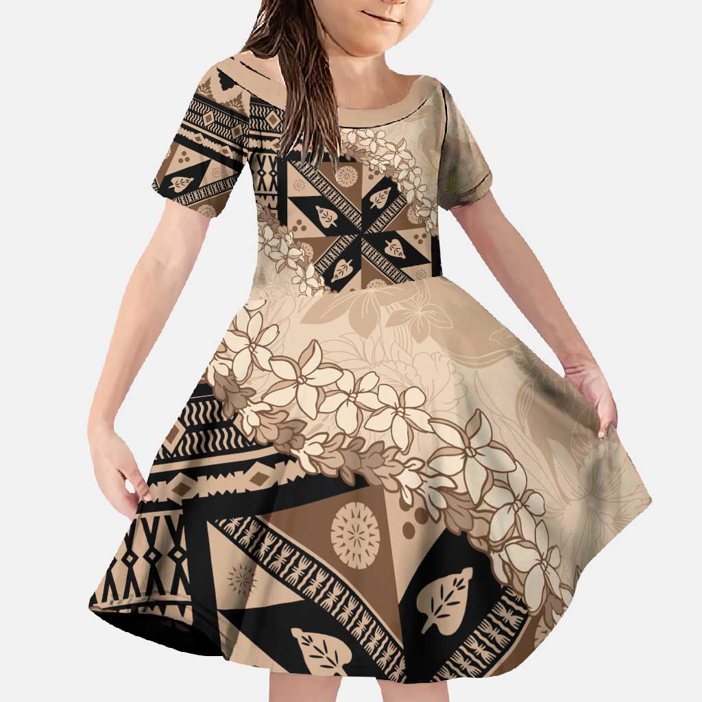 Bula Fiji Plumeria Tagimoucia Salusalu Beige Family Matching Summer Maxi Dress and Hawaiian Shirt Kaiviti Masi - Polynesian Pride