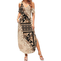 Bula Fiji Plumeria Tagimoucia Salusalu Beige Family Matching Summer Maxi Dress and Hawaiian Shirt Kaiviti Masi - Polynesian Pride