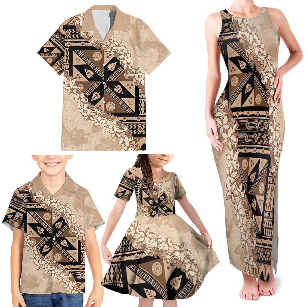 Bula Fiji Plumeria Tagimoucia Salusalu Beige Family Matching Tank Maxi Dress and Hawaiian Shirt Kaiviti Masi - Polynesian Pride