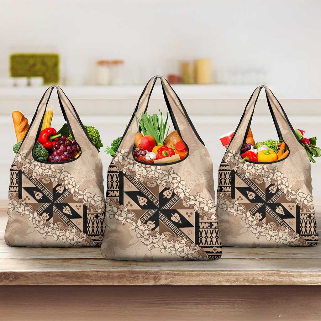 Bula Fiji Plumeria Tagimoucia Salusalu Beige Grocery Bag Kaiviti Masi - Polynesian Pride