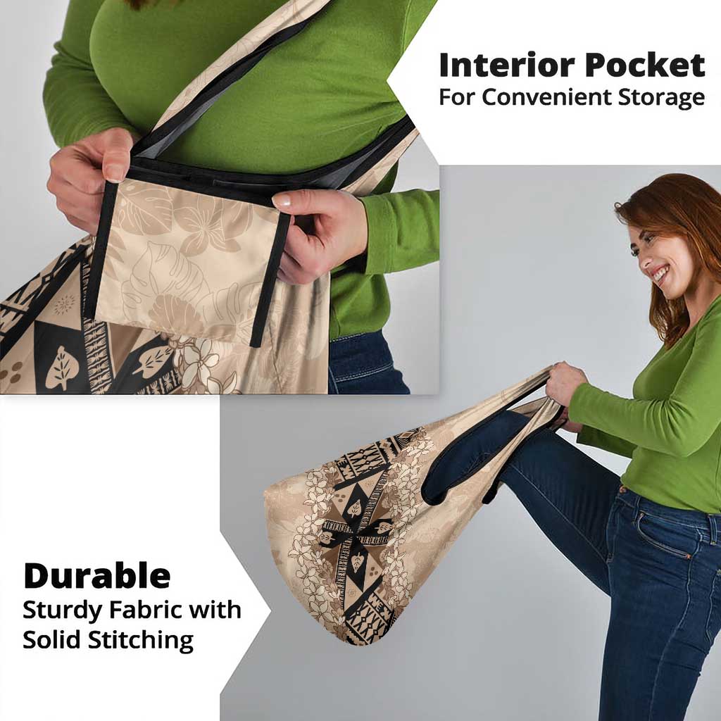 Bula Fiji Plumeria Tagimoucia Salusalu Beige Grocery Bag Kaiviti Masi - Polynesian Pride