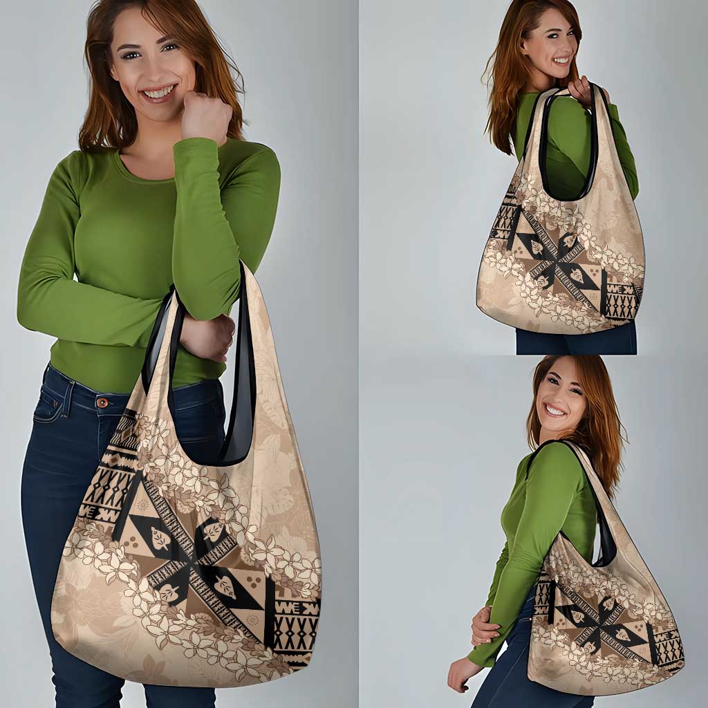 Bula Fiji Plumeria Tagimoucia Salusalu Beige Grocery Bag Kaiviti Masi - Polynesian Pride