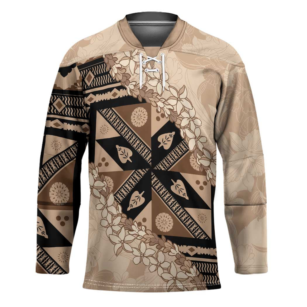 Bula Fiji Plumeria Tagimoucia Salusalu Beige Hockey Jersey Kaiviti Masi - Polynesian Pride
