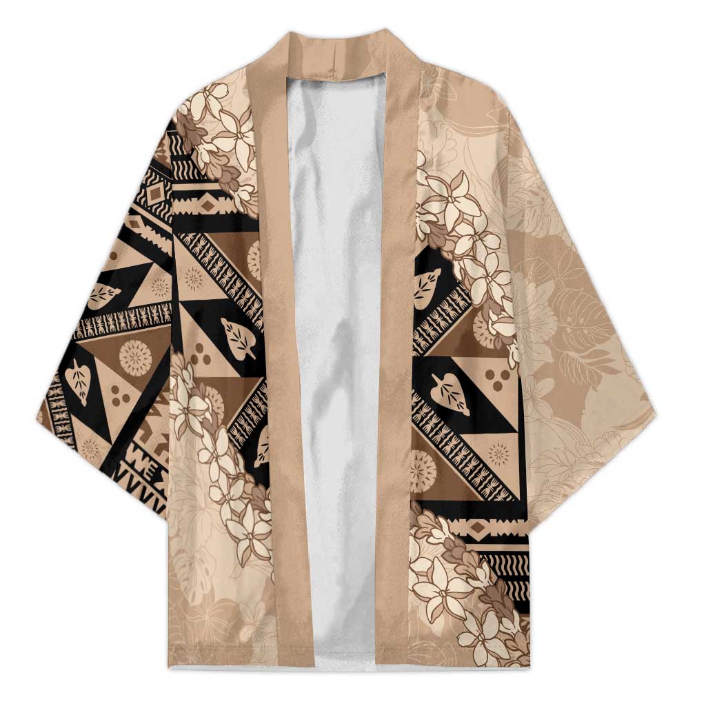 Bula Fiji Plumeria Tagimoucia Salusalu Beige Kimono Kaiviti Masi - Polynesian Pride