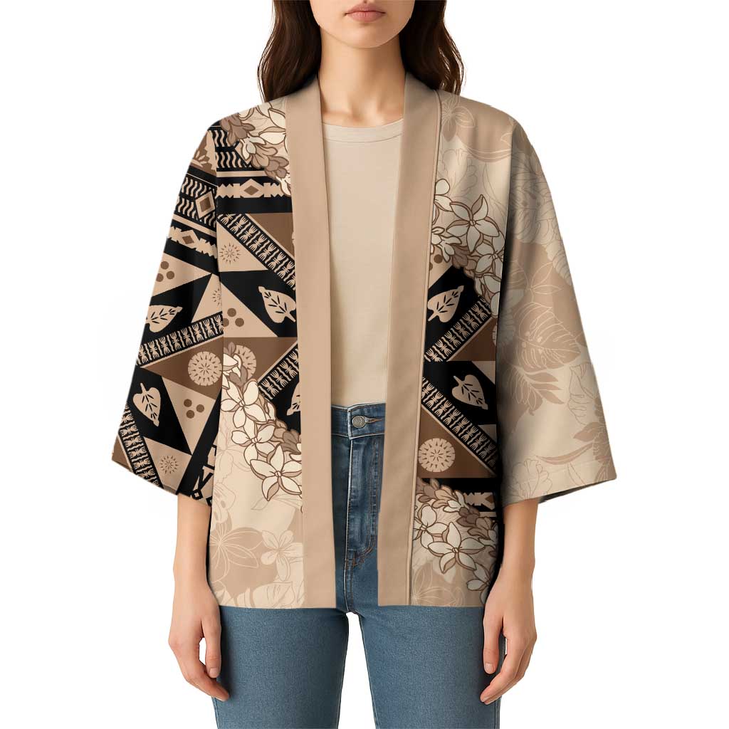 Bula Fiji Plumeria Tagimoucia Salusalu Beige Kimono Kaiviti Masi LT7 - Polynesian Pride