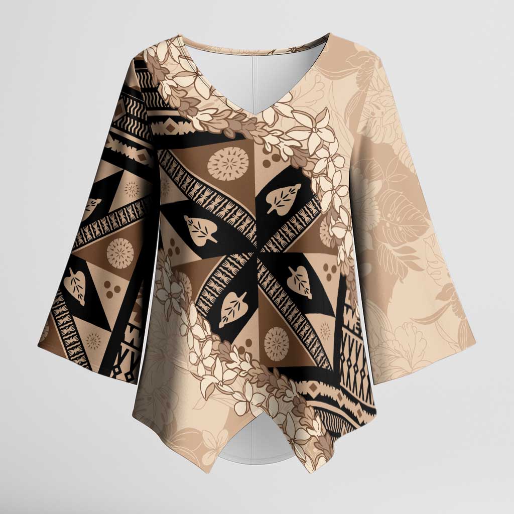 Bula Fiji Plumeria Tagimoucia Salusalu Beige Kimono Sleeve Blouse Kaiviti Masi - Polynesian Pride
