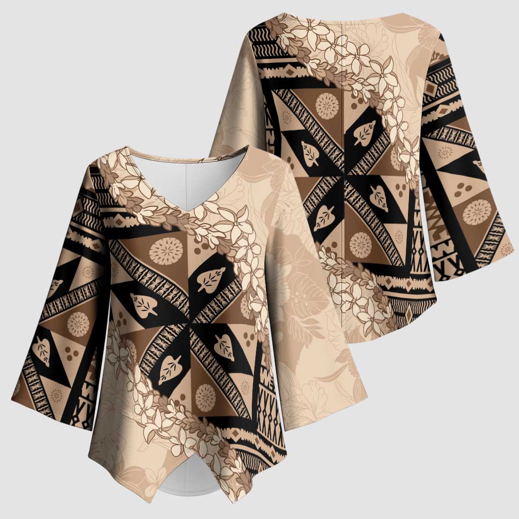 Bula Fiji Plumeria Tagimoucia Salusalu Beige Kimono Sleeve Blouse Kaiviti Masi - Polynesian Pride