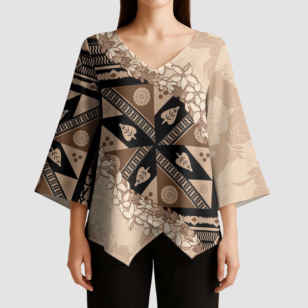 Bula Fiji Plumeria Tagimoucia Salusalu Beige Kimono Sleeve Blouse Kaiviti Masi - Polynesian Pride