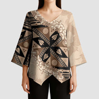 Bula Fiji Plumeria Tagimoucia Salusalu Beige Kimono Sleeve Blouse Kaiviti Masi - Polynesian Pride