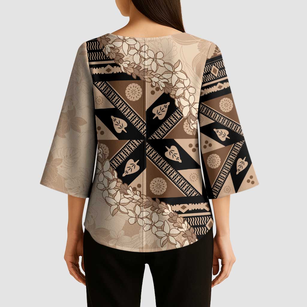 Bula Fiji Plumeria Tagimoucia Salusalu Beige Kimono Sleeve Blouse Kaiviti Masi - Polynesian Pride