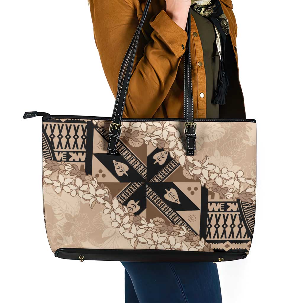 Bula Fiji Plumeria Tagimoucia Salusalu Beige Leather Tote Bag Kaiviti Masi - Polynesian Pride