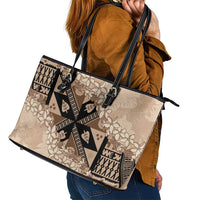 Bula Fiji Plumeria Tagimoucia Salusalu Beige Leather Tote Bag Kaiviti Masi - Polynesian Pride