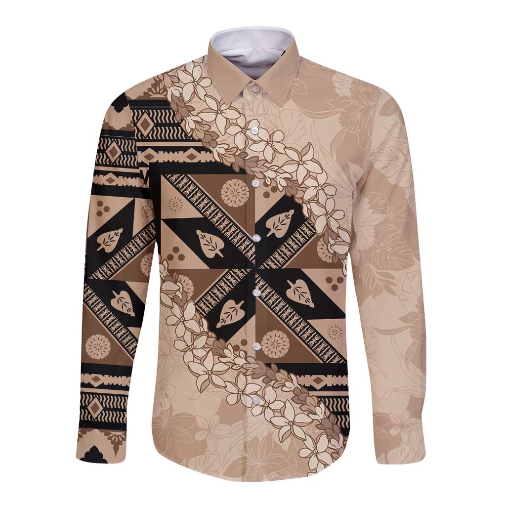 Bula Fiji Plumeria Tagimoucia Salusalu Beige Long Sleeve Button Shirt Kaiviti Masi - Polynesian Pride
