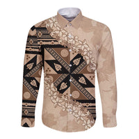Bula Fiji Plumeria Tagimoucia Salusalu Beige Long Sleeve Button Shirt Kaiviti Masi - Polynesian Pride