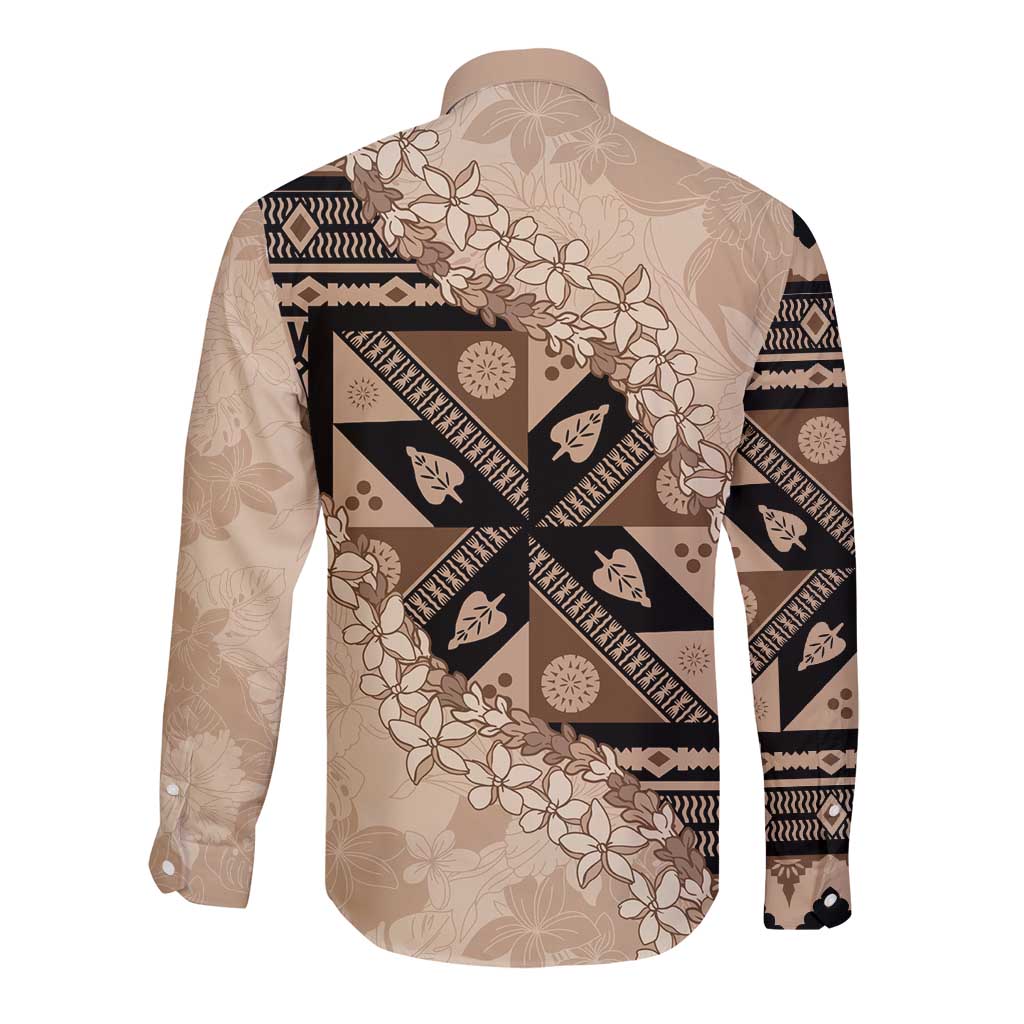 Bula Fiji Plumeria Tagimoucia Salusalu Beige Long Sleeve Button Shirt Kaiviti Masi - Polynesian Pride