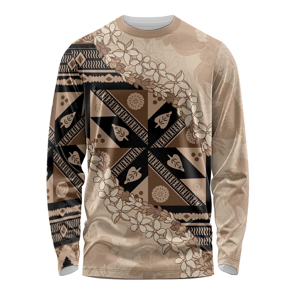 Bula Fiji Plumeria Tagimoucia Salusalu Beige Long Sleeve Shirt Kaiviti Masi - Polynesian Pride