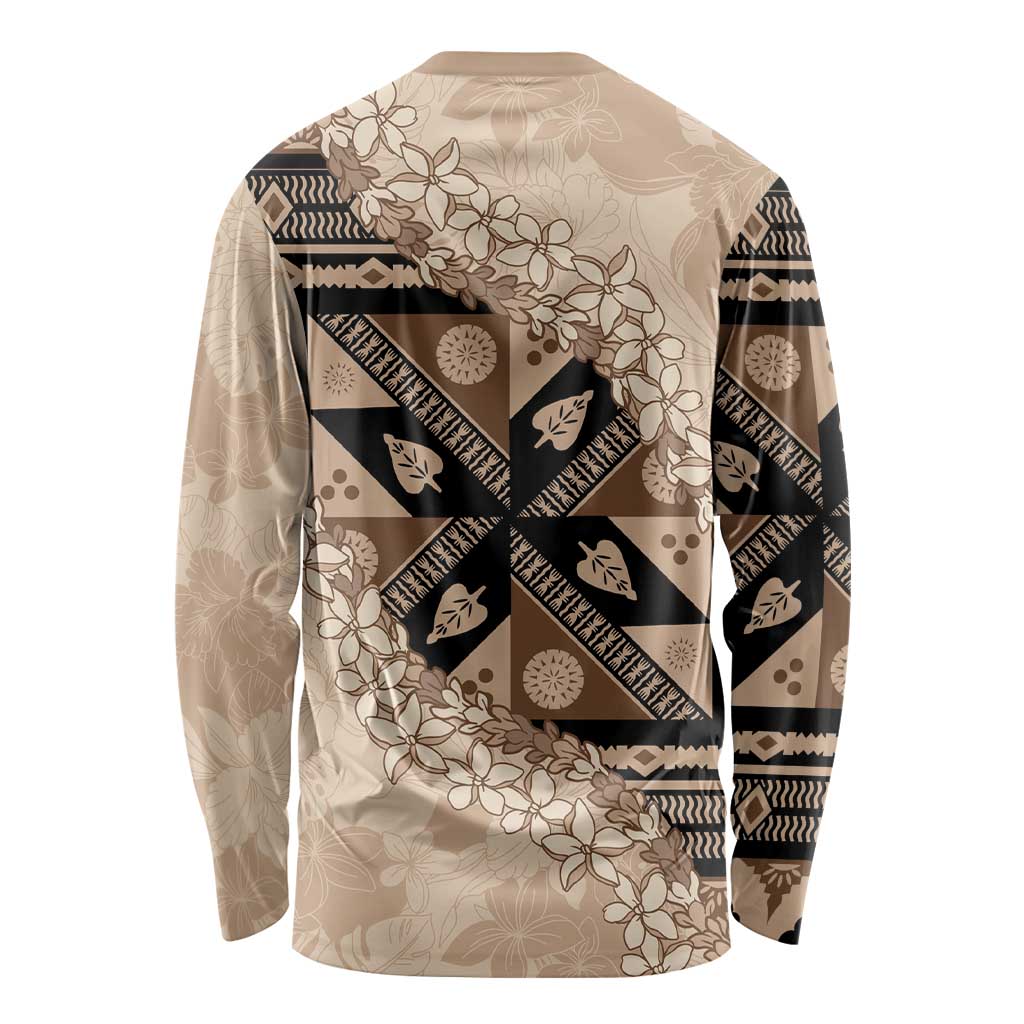 Bula Fiji Plumeria Tagimoucia Salusalu Beige Long Sleeve Shirt Kaiviti Masi - Polynesian Pride