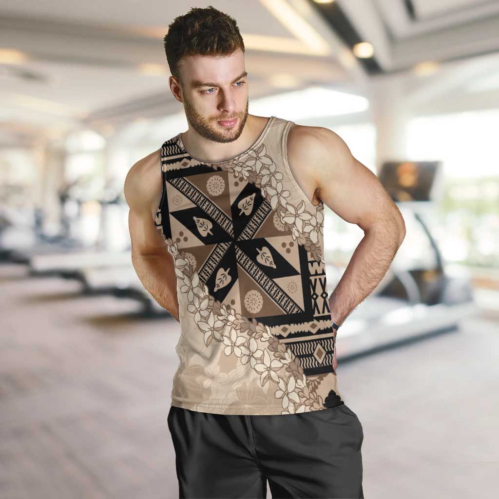 Bula Fiji Plumeria Tagimoucia Salusalu Beige Men Tank Top Kaiviti Masi - Polynesian Pride