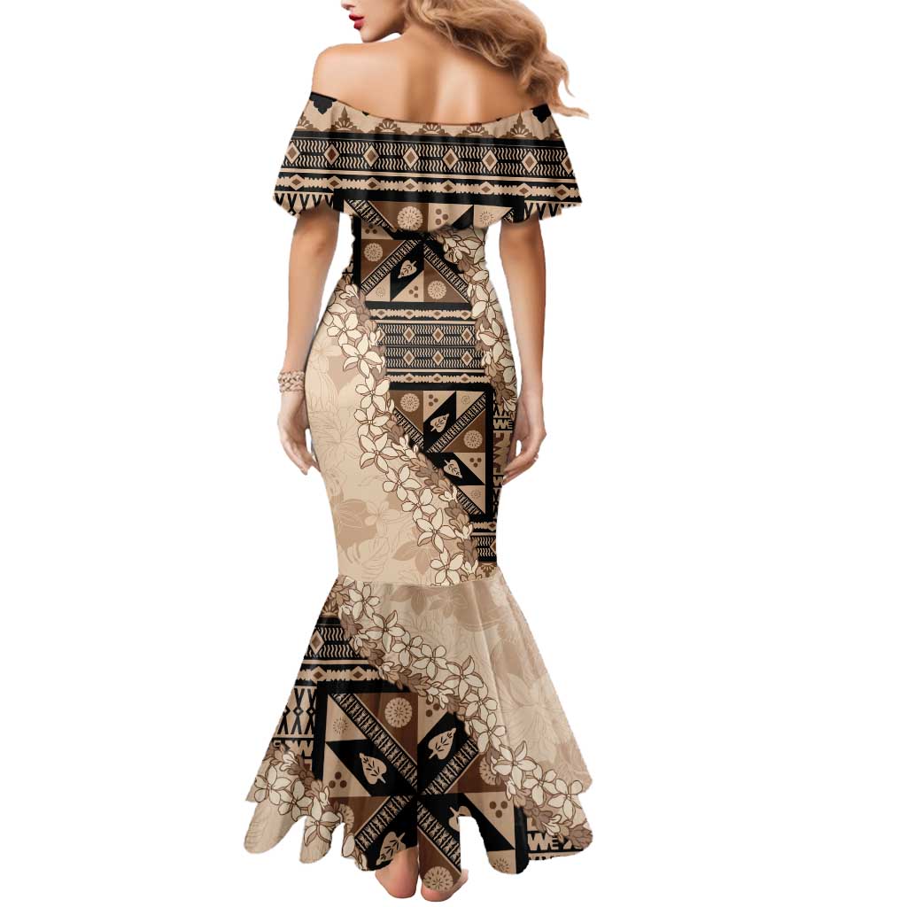 Bula Fiji Plumeria Tagimoucia Salusalu Beige Mermaid Dress Kaiviti Masi - Polynesian Pride