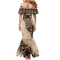 Bula Fiji Plumeria Tagimoucia Salusalu Beige Mermaid Dress Kaiviti Masi - Polynesian Pride