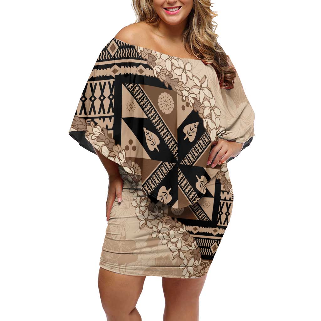 Bula Fiji Plumeria Tagimoucia Salusalu Beige Off Shoulder Short Dress Kaiviti Masi - Polynesian Pride