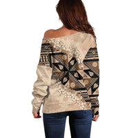Bula Fiji Plumeria Tagimoucia Salusalu Beige Off Shoulder Sweater Kaiviti Masi - Polynesian Pride