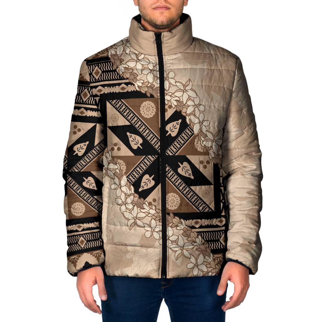 Bula Fiji Plumeria Tagimoucia Salusalu Beige Padded Jacket Kaiviti Masi - Polynesian Pride