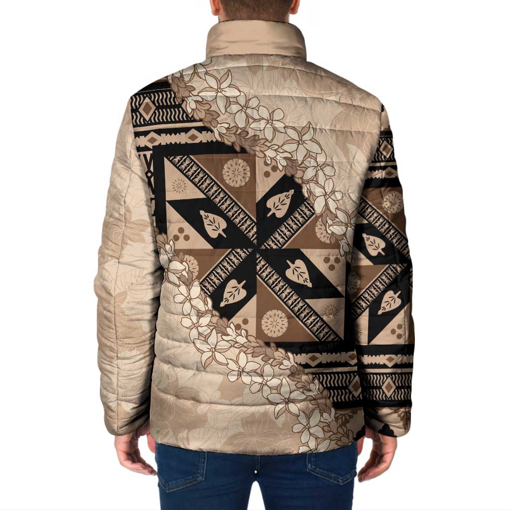 Bula Fiji Plumeria Tagimoucia Salusalu Beige Padded Jacket Kaiviti Masi - Polynesian Pride