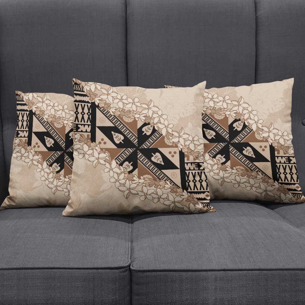 Bula Fiji Plumeria Tagimoucia Salusalu Beige Pillow Cover Kaiviti Masi - Polynesian Pride